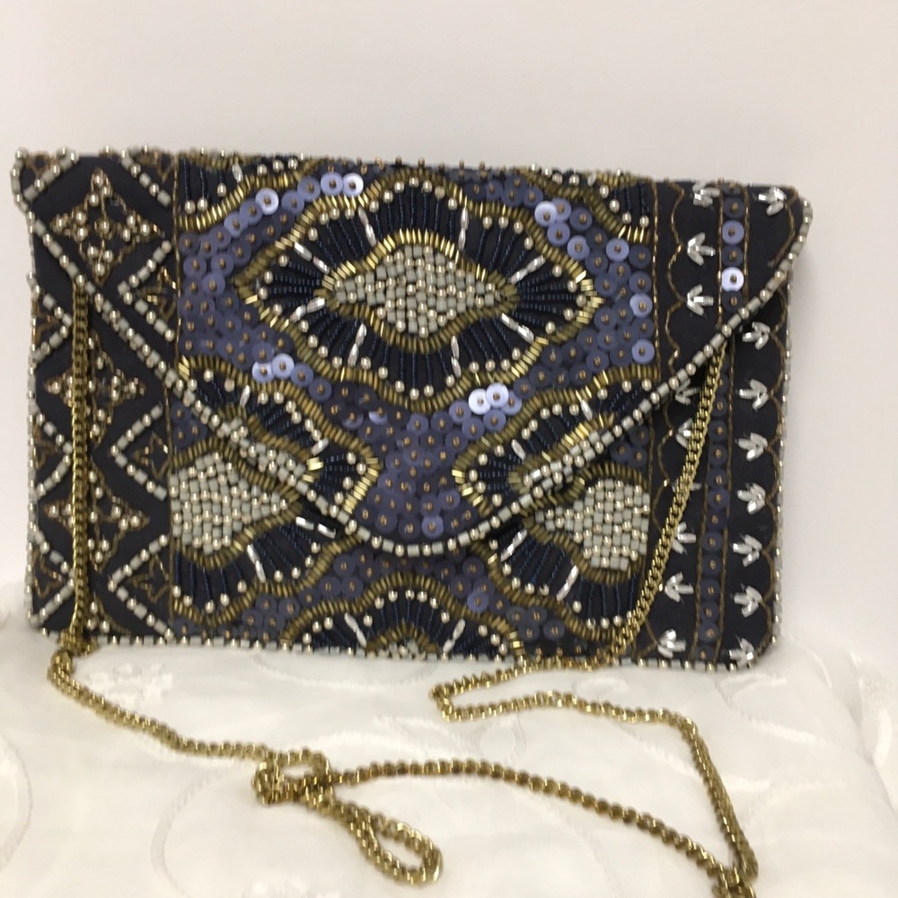 Lulus Beaded Navy and Gold Envelope Crossbody Clutch - Picture 2 of 6